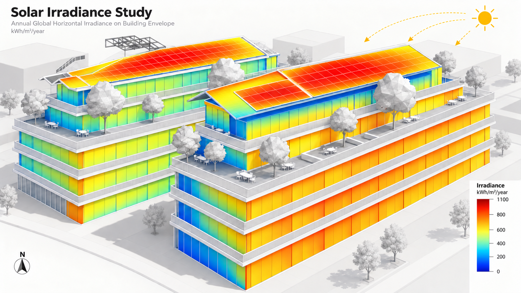 Étude d'irradiance solaire annuelle sur l'enveloppe d'un projet de bureaux à Luxembourg